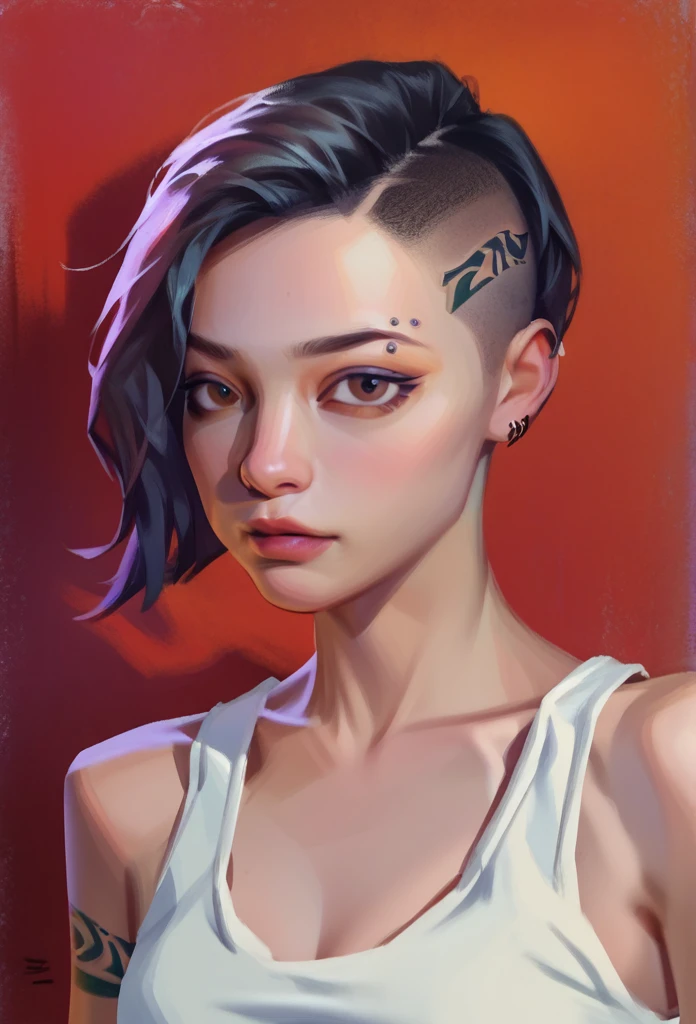 smudgy, traditional art, liu2, brush texture, score_9, score_8_up, score_7_up, score_6_up, score_5_up, score_4_up, BREAK 1girl, shaved hair, latin girl, dark Brown eyes, tattooed, tank top female, looking for the viewer, detailed background, detailed face shot (masterpiece, high quality:1),