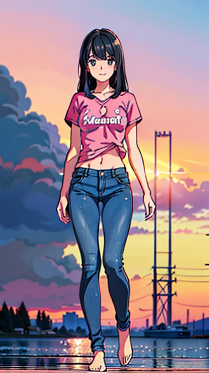 8K, masterpiece, best quality, pretty teenager girl smiling, aquamarie eyes, ((black hair)), long hair, pink t-shirt, jeans, thin, ((full body scene)), pretty girl, (medium-breasts:1.5), ((mid chest)), standing, highschool scenario, highschool background, (Ultra High Resolution: 1.2), (RAW Photo: 1.2)