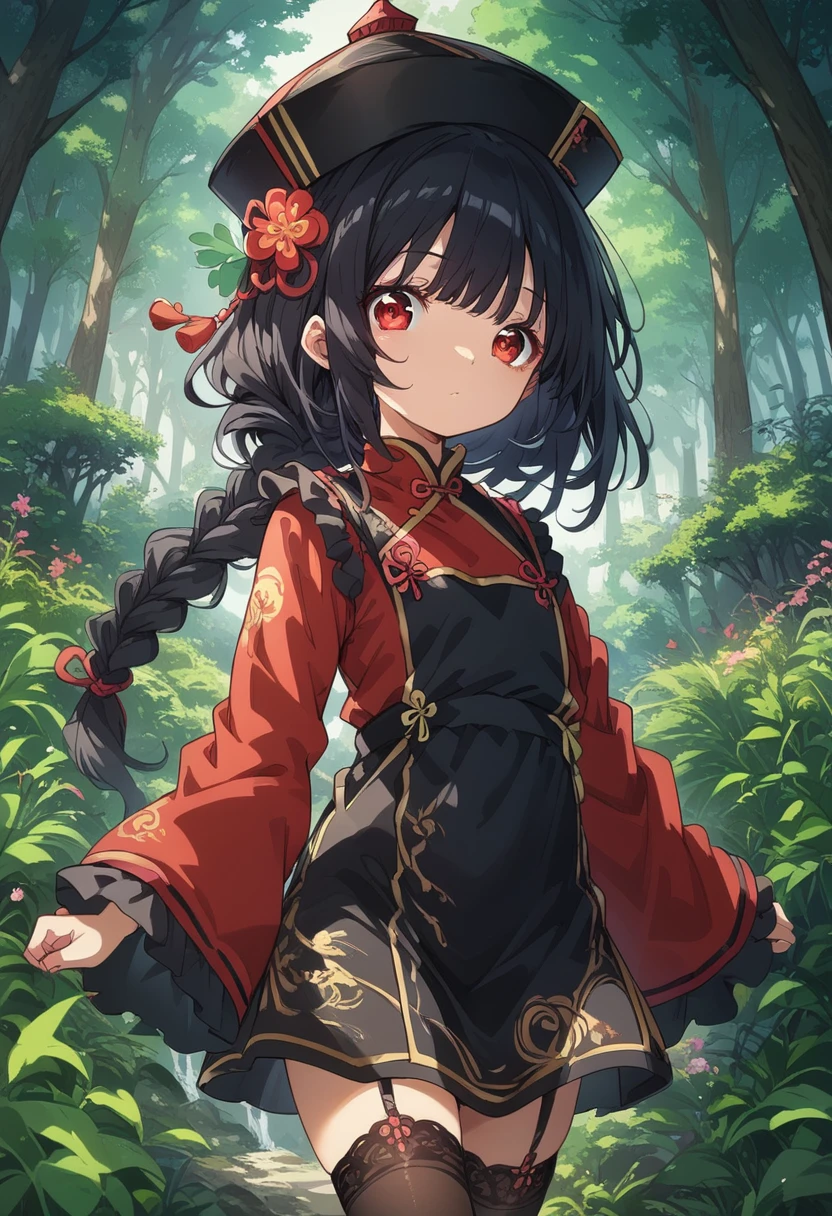 BREAK Perfect Anatomy、(High resolution:1.2)、Incredible illustrations、(Cute illustrations:1.2)、() (Beautiful background(forest)) 1 girl(Black hair, long hair, single braid, red eyes,tattoos, )(young adult woman:2.0)
(Very baggy China Hat, long ruffled sleeves, jiangshi cheongsam, yellow and black apron, garter stockings
Black hair, long hair, single braid