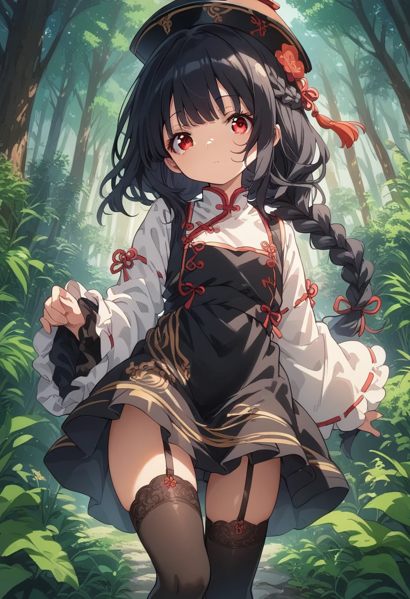 BREAK Perfect Anatomy、(High resolution:1.2)、Incredible illustrations、(Cute illustrations:1.2)、() （Beautiful background(forest)) 1 girl(Black hair, long hair, single braid, red eyes,tattoos, )(young adult woman:2.0)
（Very baggy China Hat, long ruffled sleeves, jiangshi cheongsam, yellow and black apron, garter stockings
Black hair, long hair, single braid