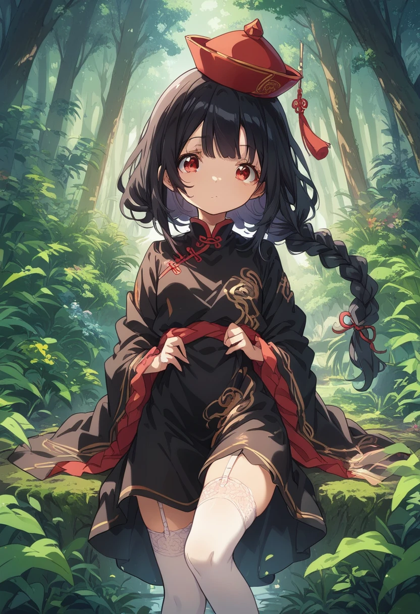 BREAK Perfect Anatomy、(High resolution:1.2)、Incredible illustrations、(Cute illustrations:1.2)、() （Beautiful background(forest)) 1 girl(Black hair, long hair, single braid, red eyes,tattoos, )(young adult woman:2.0)
（Very baggy China Hat, long ruffled sleeves, jiangshi cheongsam, yellow and black apron, garter stockings
Black hair, long hair, single braid