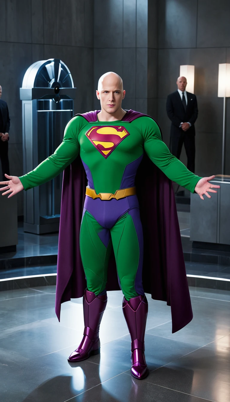 A high-quality photo of Lex Luthor&#39;s entire body, played by Michael Rosenbaum, is a man of medium to tall height, with about 1,83 meters (6 feet) Tall. He has a slim and muscular build, reflecting care for your physical appearance. One of his most striking features is his shaved head., which gives you a distinct and intimidating appearance. His face is angular, with prominent cheekbones and a defined jaw. Your eyes are blue, often described as penetrating and expressive, capable of conveying both charm and menace. Lex has fair skin and is usually seen wearing stylish, expensive clothes., like tailored suits, that accentuate its powerful and authoritarian presence.
