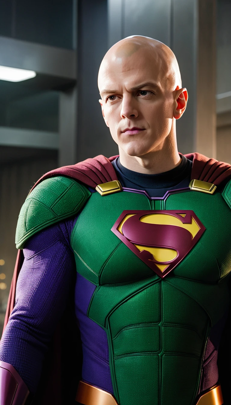A high-quality photo of Lex Luthor's entire body, played by Michael Rosenbaum, is a man of medium to tall height, with about 1,83 meters (6 feet) Tall. He has a slim and muscular build, reflecting care for your physical appearance. One of his most striking features is his shaved head., which gives you a distinct and intimidating appearance. His face is angular, with prominent cheekbones and a defined jaw. Your eyes are blue, often described as penetrating and expressive, capable of conveying both charm and menace. Lex has fair skin and is usually seen wearing stylish, expensive clothes., like tailored suits, that accentuate its powerful and authoritarian presence.
