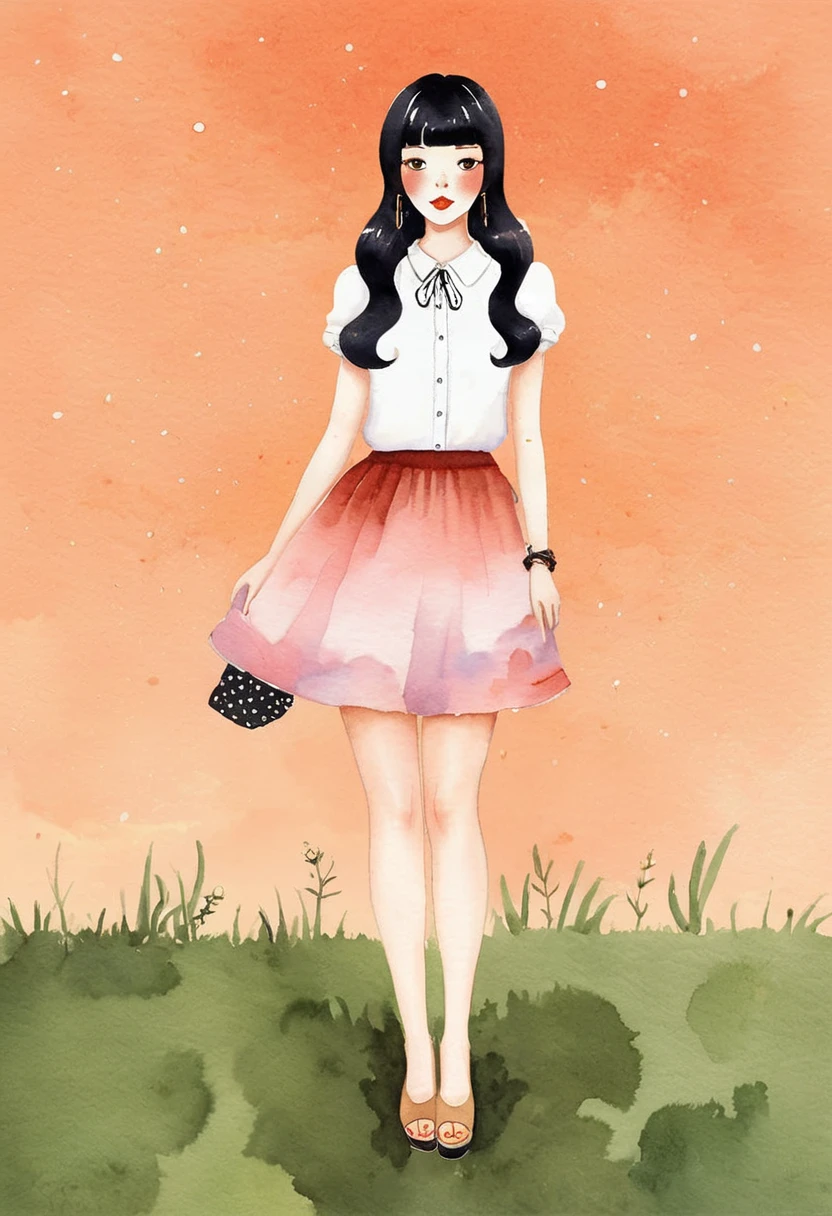Miniature Painting, watercolor style,  cartoonA woman looking straight ahead,Perfect face, she has black hair with bangs, brown eyes, small freckles on her face, earrings in her ears and a chain on her arm. She is wearing a black skirt and white blouse with ruffles. She has black sandals on her feet. watercolor style, kawaii style. high quality, by Harumi Hironaka