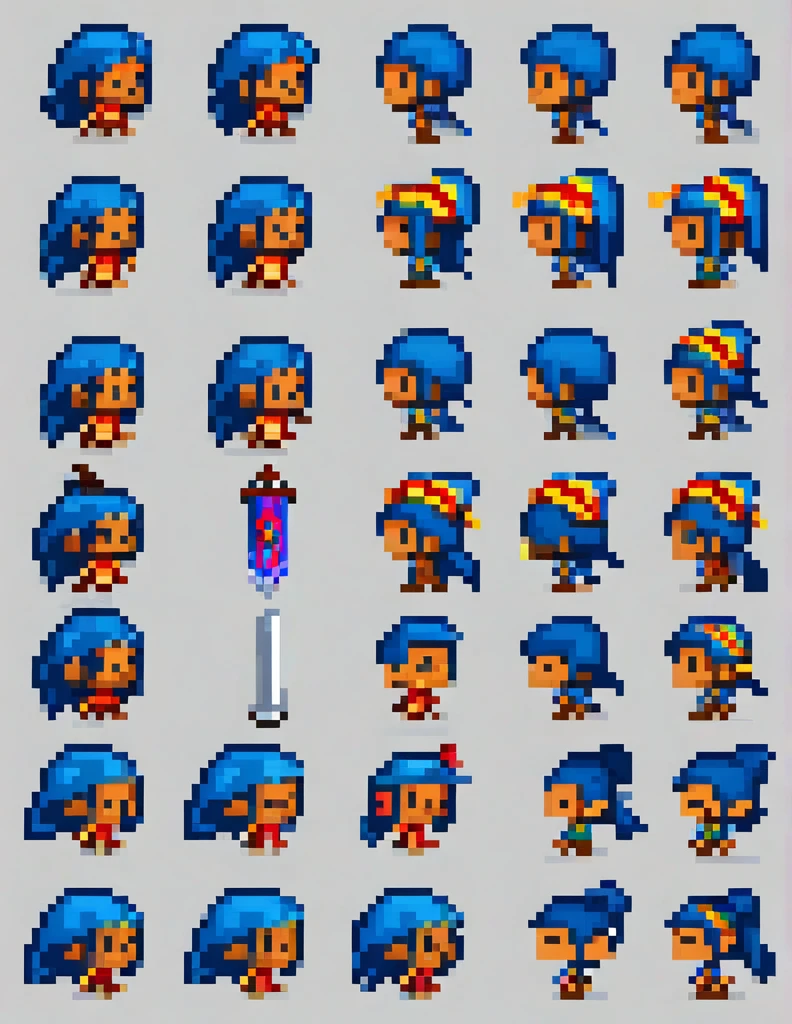 Create a sprite sheet for character animations that includes frames for movement, running, jumping, sword attack, spear attack, and bow attack. Mas o personagem é uma de cabelo azul escuro cor de pele pardo e olhos rosa com uma pequena mochila nas costas de etinia indigena brasileiro
