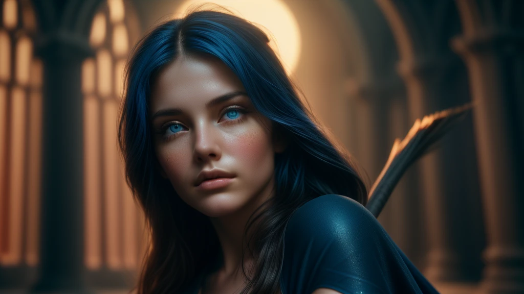 (((ultra realistic))) Photo, masterpiece, top quality, (pale skin), (Ultra detailed face and eyes:1.3), 1girl, solo, fantasy, flying, broom, night sky, outdoors, magic, spells, moon, stars, clouds, wind, hair, cape, hat, boots, broomstick, glowing, mysterious, enchanting, whimsical, playful, adventurous, , wonder, imagination, determination, skill, speed, movement, energy, realism, naturalistic, figurative, representational, beauty, fantasy culture, mythology, fairy tales, folklore, legends, witches, wizards, magical creatures, fantasy worlds, composition, scale, foreground, middle ground, background, perspective, light, color, texture, detail, beauty, wonder.(Natural breasts). ((Posing)), photoshoot, (Soft Lighting), (The play of light and shadows), depth of field, bokeh, (special attention to skin detail: 1.2), Detailed leather texture, detailed skin pores. (Erotic atmosphere of the frame. Color range - blue, red, White tones), UDR, ((Film grain))