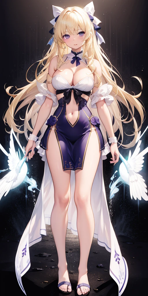 girl，Large Breasts，long hair，Topless，Bow，Blonde Hair, Purple Eyes, Cleavage，Large Breasts,whole body，foot