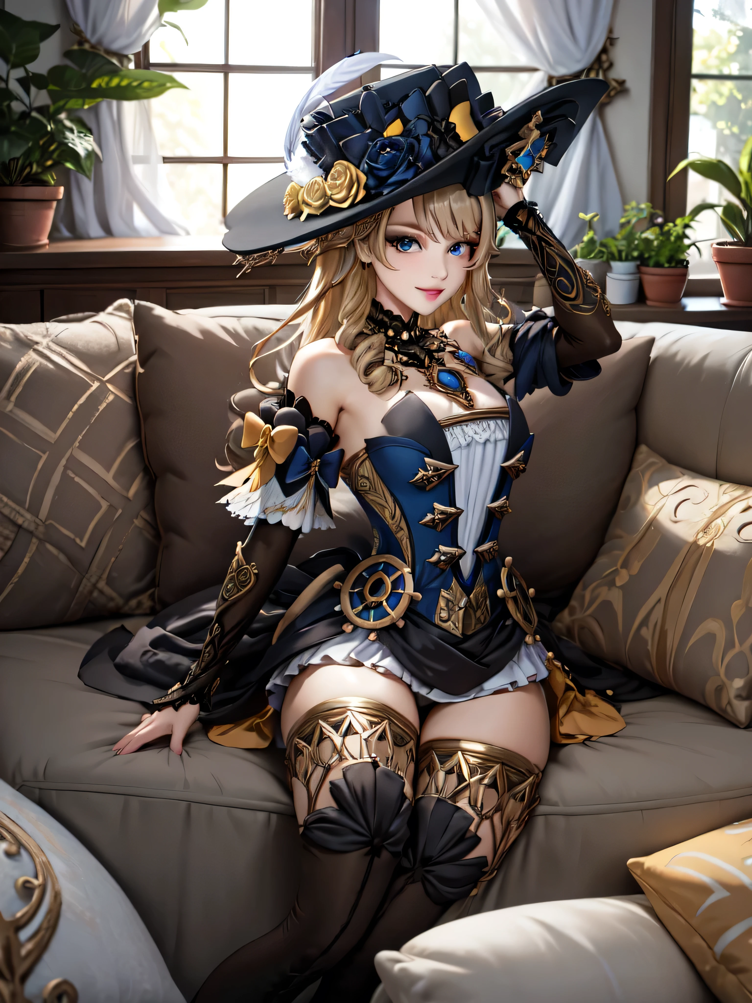 (masterpiece, best quality, detailed), 1girl, solo, blue eyes, drill hair, bangs, looking at viewer, long hair, dress, hat, hat flower, hat feather, jewelry, flower, gloves, detached sleeves, elbow gloves, hat feather, thighhighs, thigh boots,
indoors, couch, pillow, window, curtains, potted plant, dutch angle, on back, arms behind head, smile, parted lips