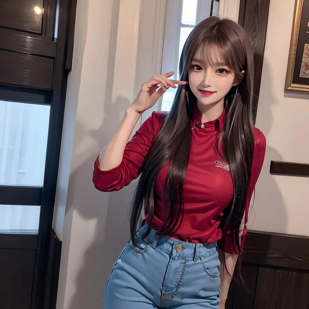 (Woman red shirt suit,, short blue pant),, long hair,, brown hair colour,, smile,, hand little chain,