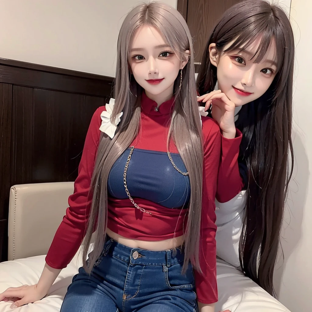 (Woman red shirt suit,, short blue pant),, long hair,, brown hair colour,, smile,, hand little chain,