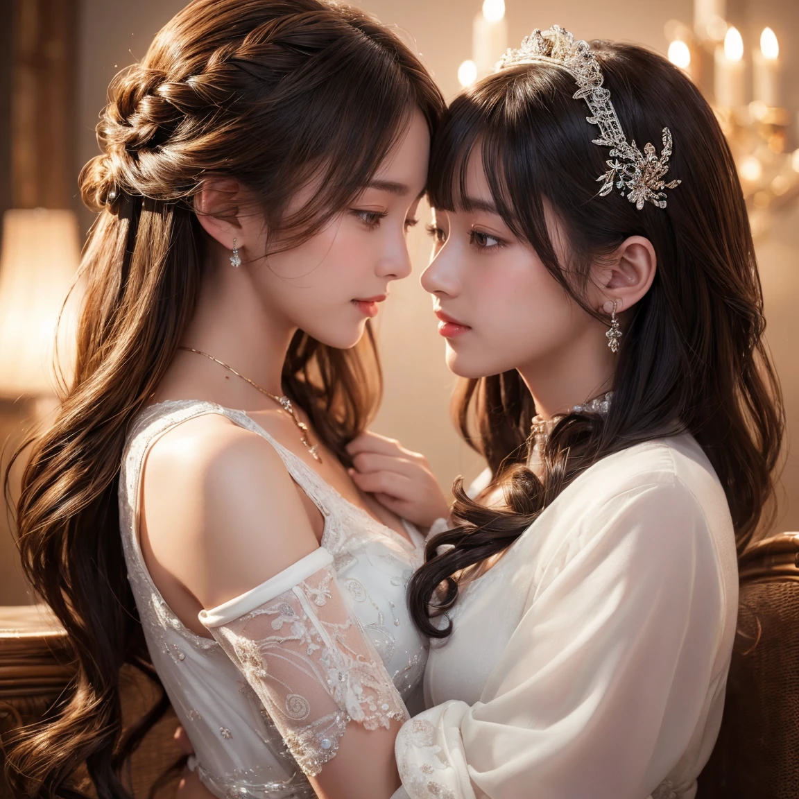 ((Highest quality)),(Ultra-high resolution),(Very detailed),(Detailed Description),((The best CG)),(masterpiece),Ultra-detailed art,two stunning girls are deeply in love with each other,kiss