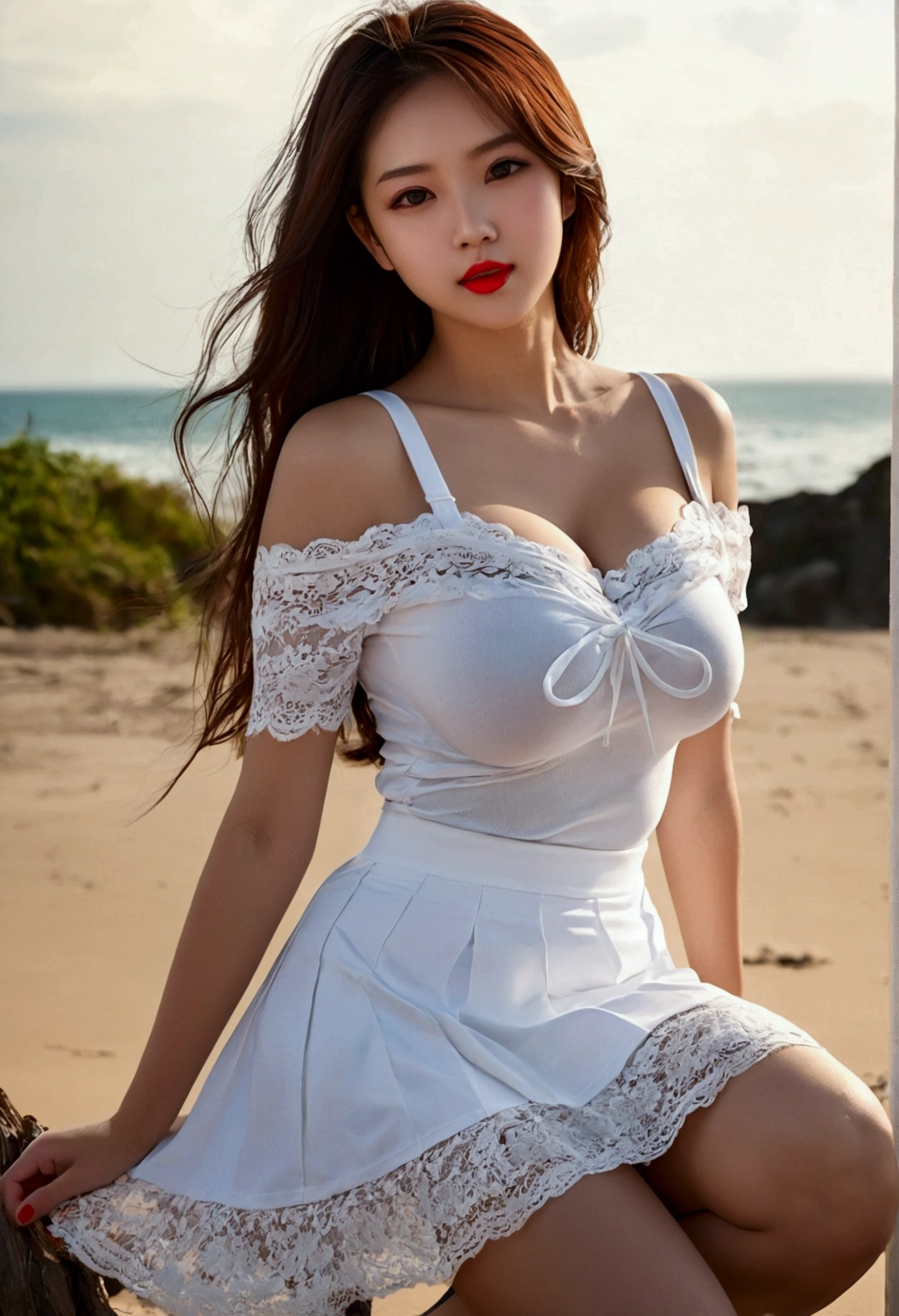Pull on clothes Pull on skirt Pull on dress Pull on shirt Pull on sweater Blow on Lift up ((Large Breasts)), ((D Cup)), Visible cracks，Highly detaileded face and skin texture，((Exposing shoulders)), double eyelid，Skin whitening，Long Hair，Whiten and lengthen legs，Standing on the beach, Stylish girl, Red lips, pretty girl, beautifulメイク, detailed, Real, Very detaileded, wonderful, beautiful, Young and energetic, high quality，High resolution, Rich and colorful， Are you okay, Smooth Skin, The skirt is very short, Official Art, Extremely detaileded, atmosphere, Soft colors, Natural skin texture, random scene, Random shooting angle, Black knee socks, Lace hem