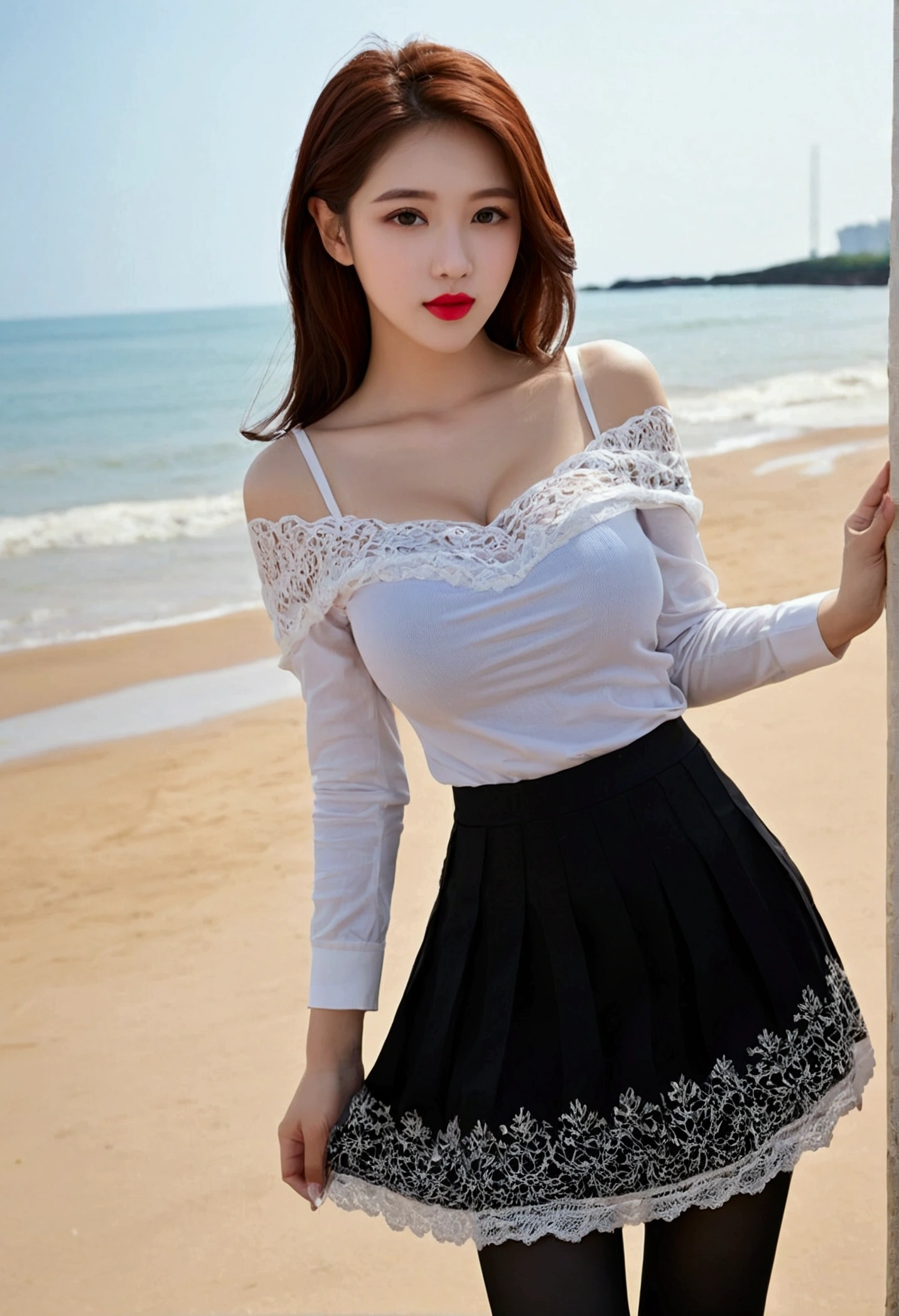 Pull on clothes Pull on skirt Pull on dress Pull on shirt Pull on sweater Blow on Lift up ((Large Breasts)), ((D Cup)), Visible cracks,Highly detaileded face and skin texture,((Exposing shoulders)), double eyelid,Skin whitening,Long Hair,Whiten and lengthen legs,Standing on the beach, Stylish girl, Red lips, pretty girl, beautifulメイク, detailed, Real, Very detaileded, wonderful, beautiful, Young and energetic, high quality,High resolution, Rich and colorful, Are you okay, Smooth Skin, The skirt is very short, Official Art, Extremely detaileded, atmosphere, Soft colors, Natural skin texture, random scene, Random shooting angle, Black knee socks, Lace hem