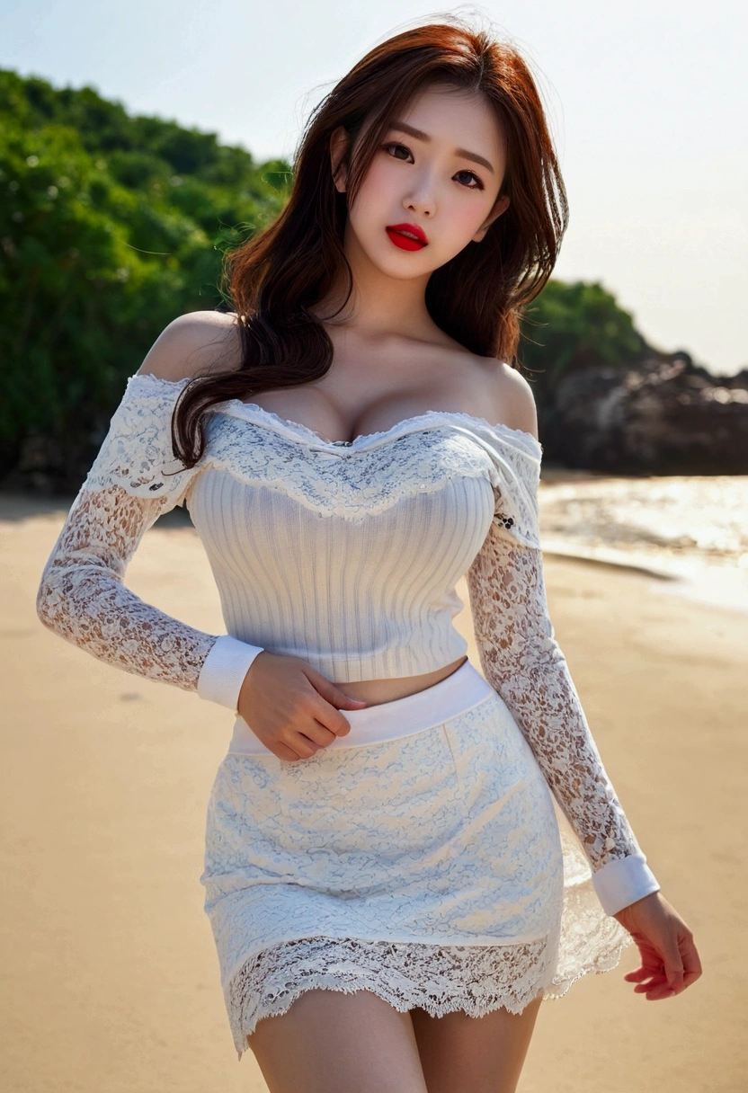 Pull on clothes Pull on skirt Pull on dress Pull on shirt Pull on sweater Blow on Lift up ((Large Breasts)), ((D Cup)), Visible cracks,Highly detaileded face and skin texture,((Exposing shoulders)), double eyelid,Skin whitening,Long Hair,Whiten and lengthen legs,Standing on the beach, Stylish girl, Red lips, pretty girl, beautifulメイク, detailed, Real, Very detaileded, wonderful, beautiful, Young and energetic, high quality,High resolution, Rich and colorful, Are you okay, Smooth Skin, The skirt is very short, Official Art, Extremely detaileded, atmosphere, Soft colors, Natural skin texture, random scene, Random shooting angle, Black knee socks, Lace hem