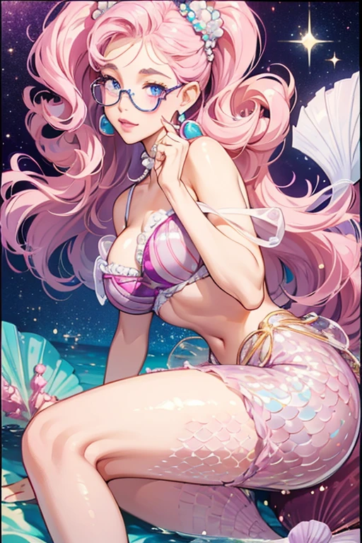 Marina has fair skin, and curly pink knee length hair. she has big dark blue eyes, and light pink lips. Her accessories consist of purple glasses with white pearls around the border.

Her outfit is purple seashells, with a blue bra. She has a long blue pearly mermaid tail SPARKLE; GLITTER