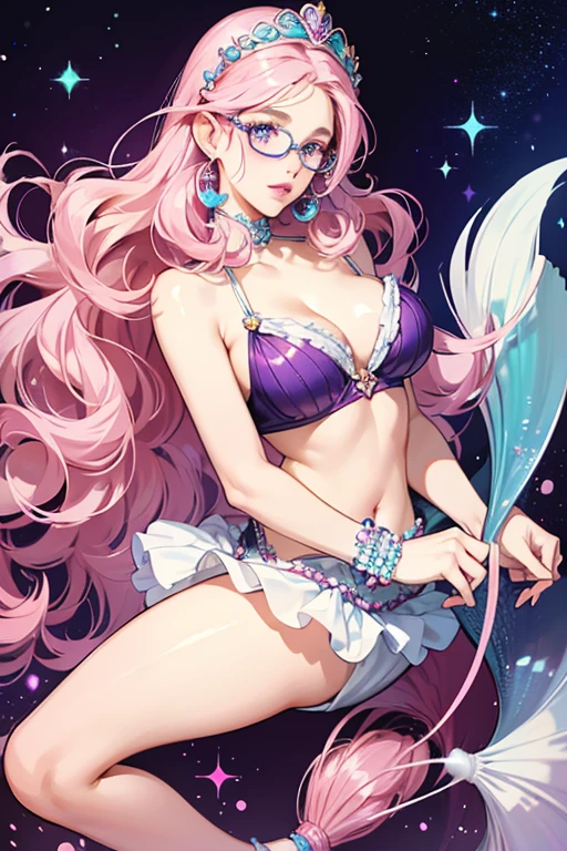 Marina has fair skin, and curly pink knee length hair. she has big dark blue eyes, and light pink lips. Her accessories consist of purple glasses with white pearls around the border.

Her outfit is purple seashells, with a blue bra. She has a long blue pearly mermaid tail SPARKLE; GLITTER