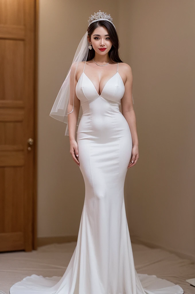 ((best quality)), ((masterpiece)), (detailed), perfect face, american wedding dress, 4K, Big Boobies, straight hair, blue eays, red lipstick, Smile, white body, full body, wedding Crown on hed, costly wedding decoration, happy body language
