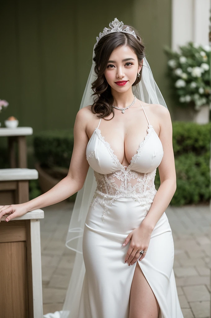 ((best quality)), ((masterpiece)), (detailed), perfect face, american wedding dress, 4K, Big Boobies, straight hair, blue eays, red lipstick, Smile, white body, full body, wedding Crown on hed, costly wedding decoration, happy body language