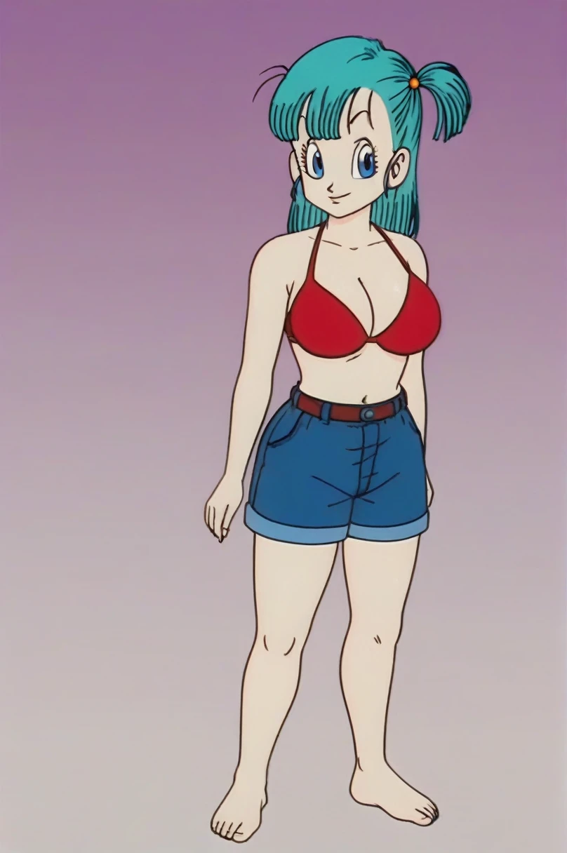 source_anime, score_9, score_8_up, score_7_up, anime screencap, 
bulma \(dragonball\), 1girl, solo, long hair, looking at viewer, bangs, blue eyes, red bikini, standing, curvy body, aqua hair, bare feet, collarbone, arms by side, fingernails, big breasts, raised eyebrows, eyebrows, eyelashes,
 