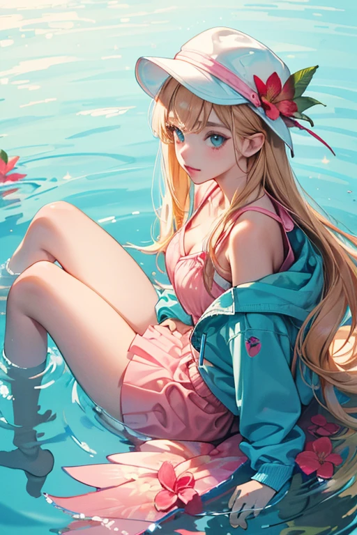 Krysta has tan skin, and straight strawberry blonde knee length hair. she has big teal eyes, and light pink lips. her eyeshadow is light yellow. Her accessories consist of a white cap with a pink shark fin on the top and pink all around the sides. The design on the front of her hat is a flamingo in water with the word "Paradise".
Her outfit is a long sleeve blue hoodie with red flowers all over it. Her bottom piece is aqua and has leaves all over it. In the middle it says "ALOHA Beaches". Krysta wears light pink flippers with grey and black straps. SPARKLE; GLITTER