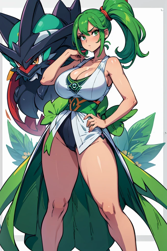 (masterpiece, best quality, high resolution, (pokemon style) ((huge breasts)) 1 girl, green hair tied in a side ponytail, very sexy pokemon trainer clothes, serious ((white background,)), ((of full length foot)),
