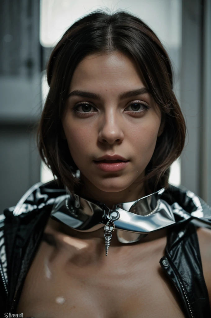 elegant 35 yo lady prisoner with a precision machined aluminium lethal electronic shock collar painfully tightly locked around her neck. wearing a white pvc jumpsuit. white background