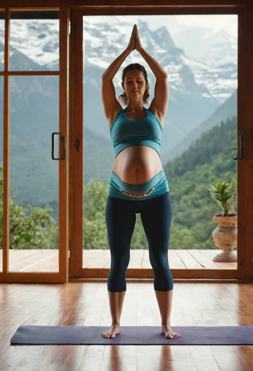 Yoga: Create a high resolution photorealistic image of a super realistic 25 year old pregnant girl. She is standing practicing prenatal yoga in full body, with the background clearly visible, she is standing looking at the camera practicing“Mountain Yoga Pose (Tadasana)“,“She is standing with her feet together, distributing her weight evenly. uniform with balanced hands.” She uses an 85mm f/1.8 lens to capture realistic photography, ensuring the sharpness of the body posture of her practicing prenatal yoga with the background of her home. There are all kinds of plants in the scene, with the windows open, which adds a soft and warm atmosphere to the image.