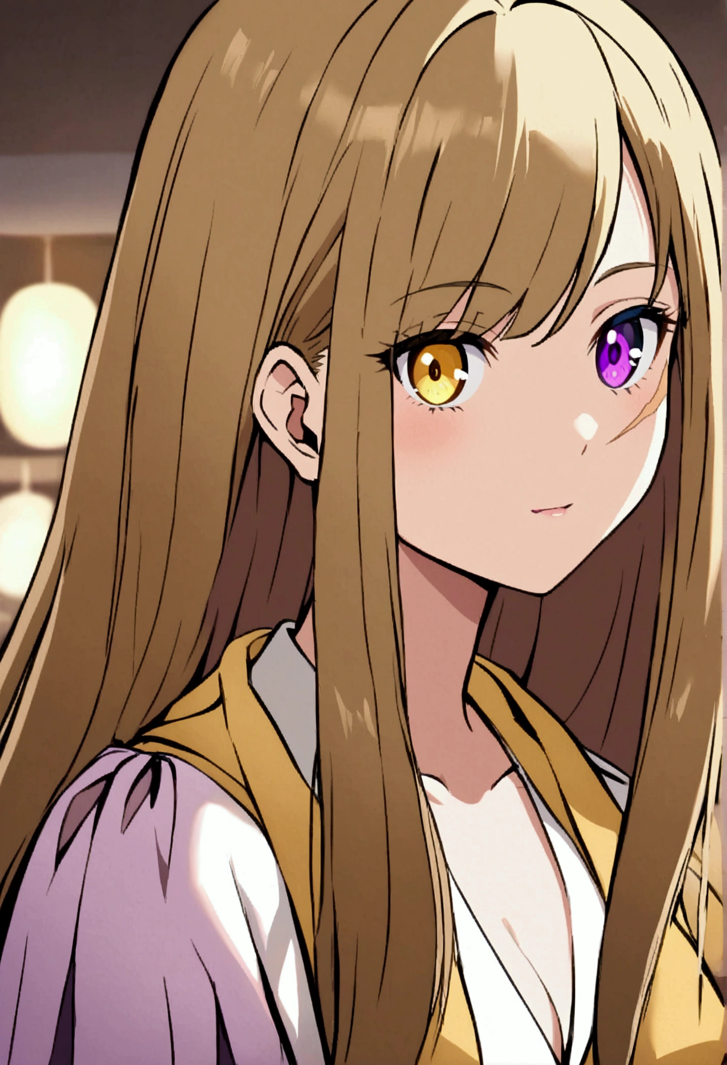 A woman with straight hair with few brown waves, skin fair, eyes with purple and yellow heterochromia with a scar on the left eye anime style