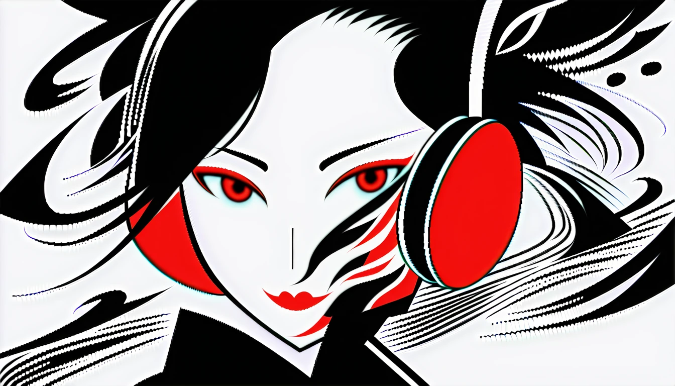 (((Ink Painting))), ((Japanese style headphones)), (((Japanese pattern tattoo on face))), face close up, Gorgeous hair accessories, Japan人の女, Fluttering Hair, Japan, Japanese flag, green