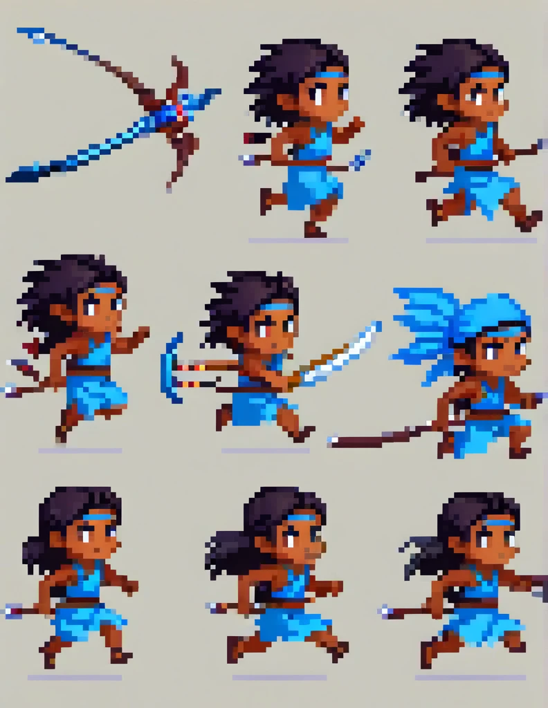 Create a sprite sheet for character animations that includes frames for movement, running, jumping, sword attack, spear attack, and bow attack. Mas o personagem é uma de cabelo azul escuro cor de pele pardo e olhos rosa com uma pequena mochila nas costas de etinia indigena brasileiro