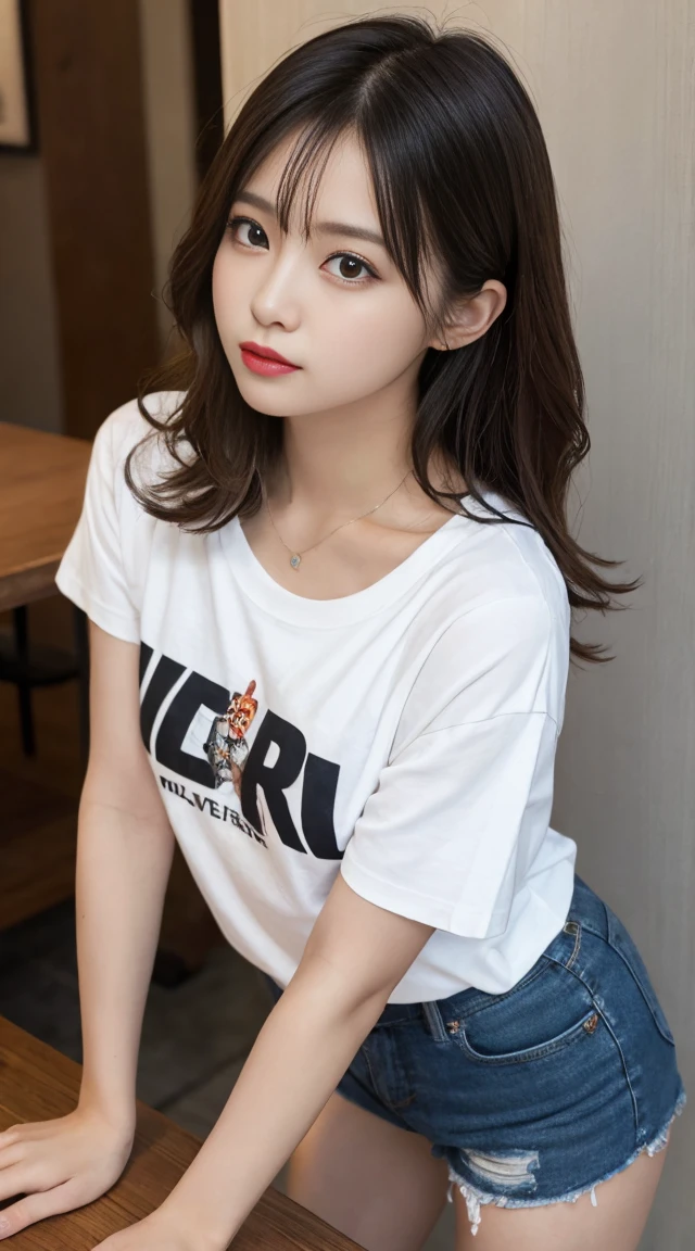 Tabletop, highest quality, figure, Super detailed, In detail, High resolution, 8k wallpaper, Perfect dynamic composition, Beautiful fine details,Wavy Hair,Natural color lip, Bold sexly pose,Big Breasts:1.3,20-year-old girl、cute、sexly,bottomless,Narrow waist、Small waist、Thin legs,((loose t-shirt,leaning forward)),from above,