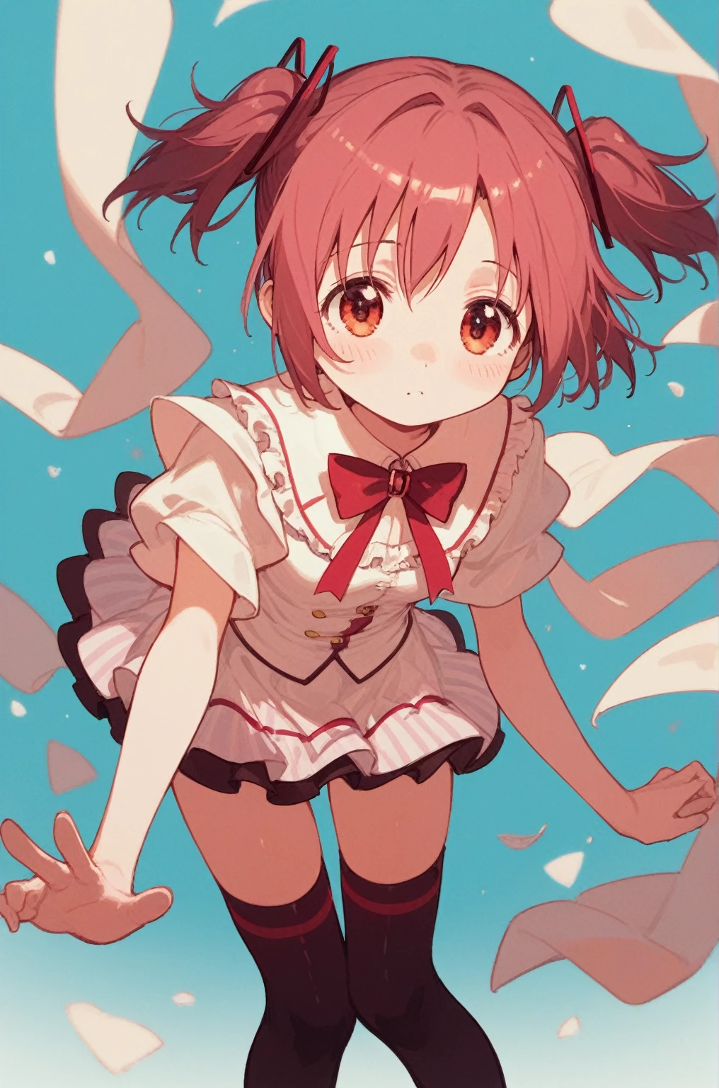 madoka \(Puella Magi Madoka Magica\),1girl,short twintails,mitakihara ,short hair,thighhighs,zettai ryouiki,legs_together,leaning_forward,striped_background,, score_9,score_8_up,score_7_up,score_6_up,score_5_up,score_4_up,