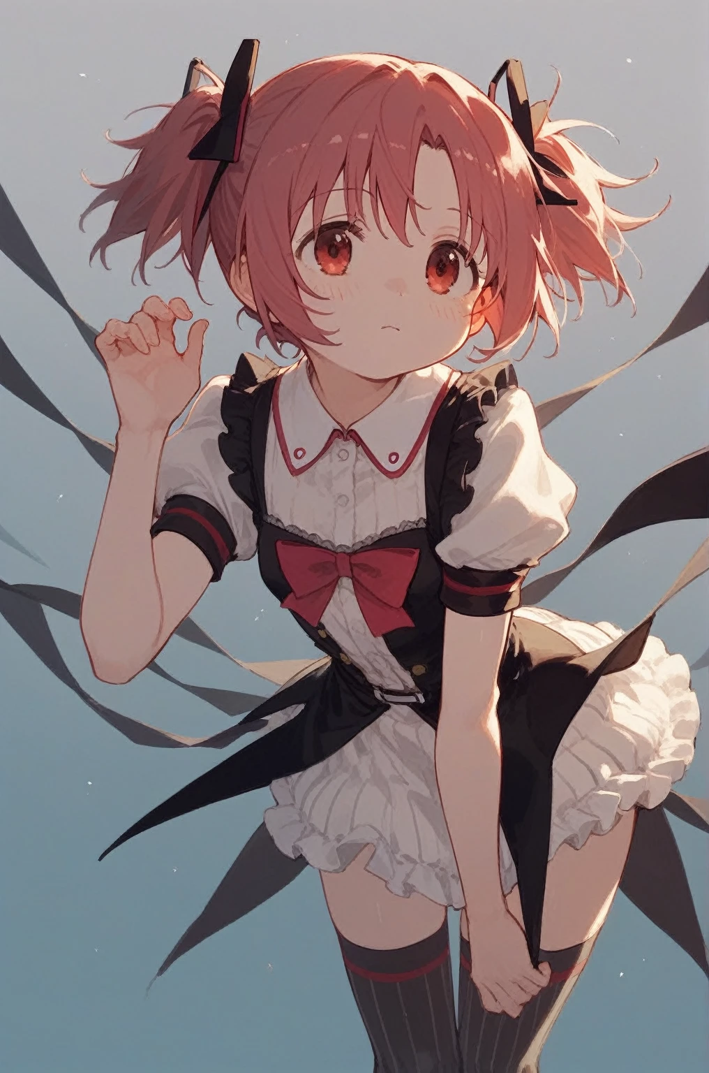 madoka \(Puella Magi Madoka Magica\),1girl,short twintails,mitakihara ,short hair,thighhighs,zettai ryouiki,legs_together,leaning_forward,striped_background,, score_9,score_8_up,score_7_up,score_6_up,score_5_up,score_4_up,