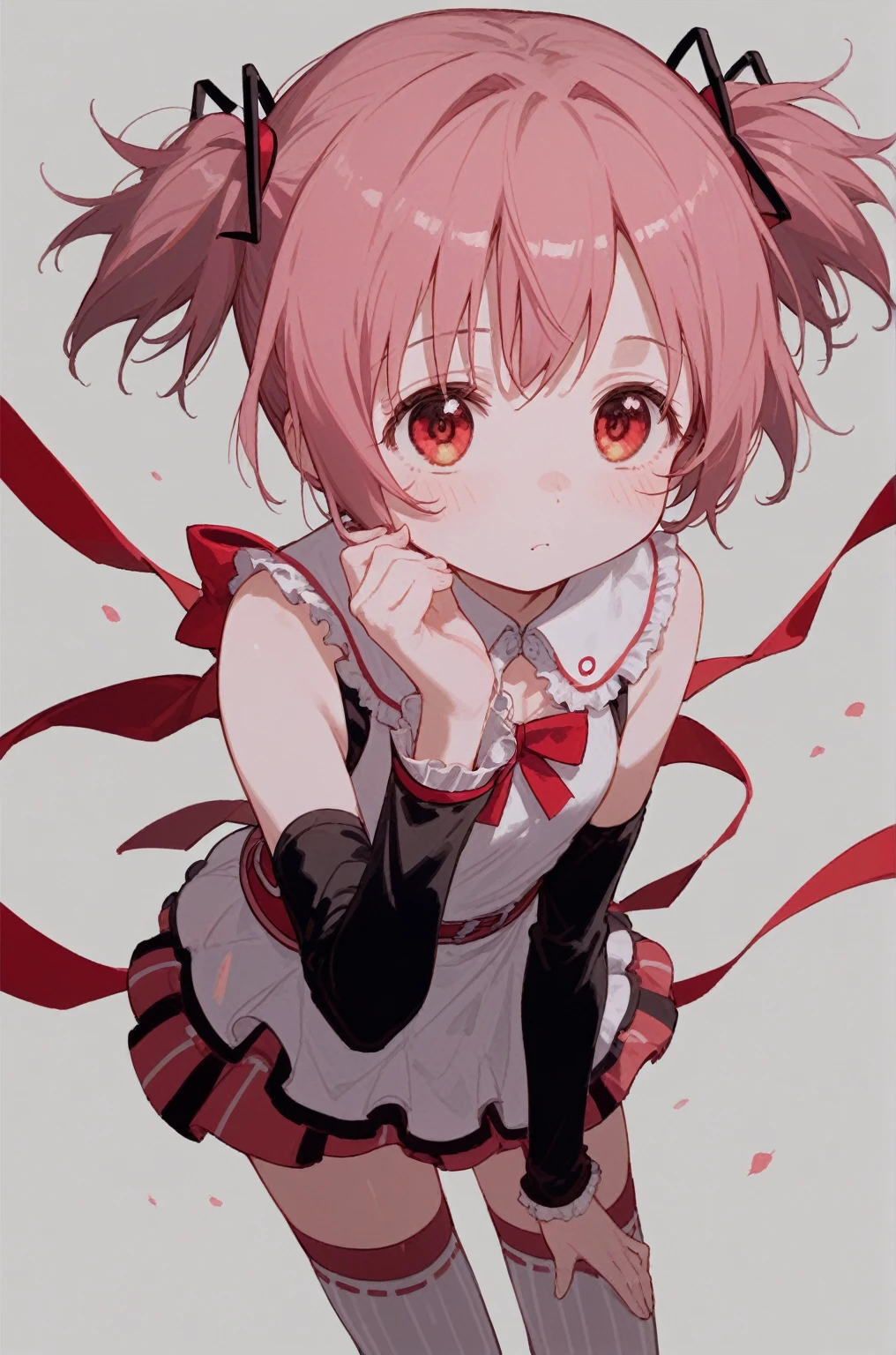 madoka \(Puella Magi Madoka Magica\),1girl,short twintails,mitakihara ,short hair,thighhighs,zettai ryouiki,legs_together,leaning_forward,striped_background,, score_9,score_8_up,score_7_up,score_6_up,score_5_up,score_4_up,