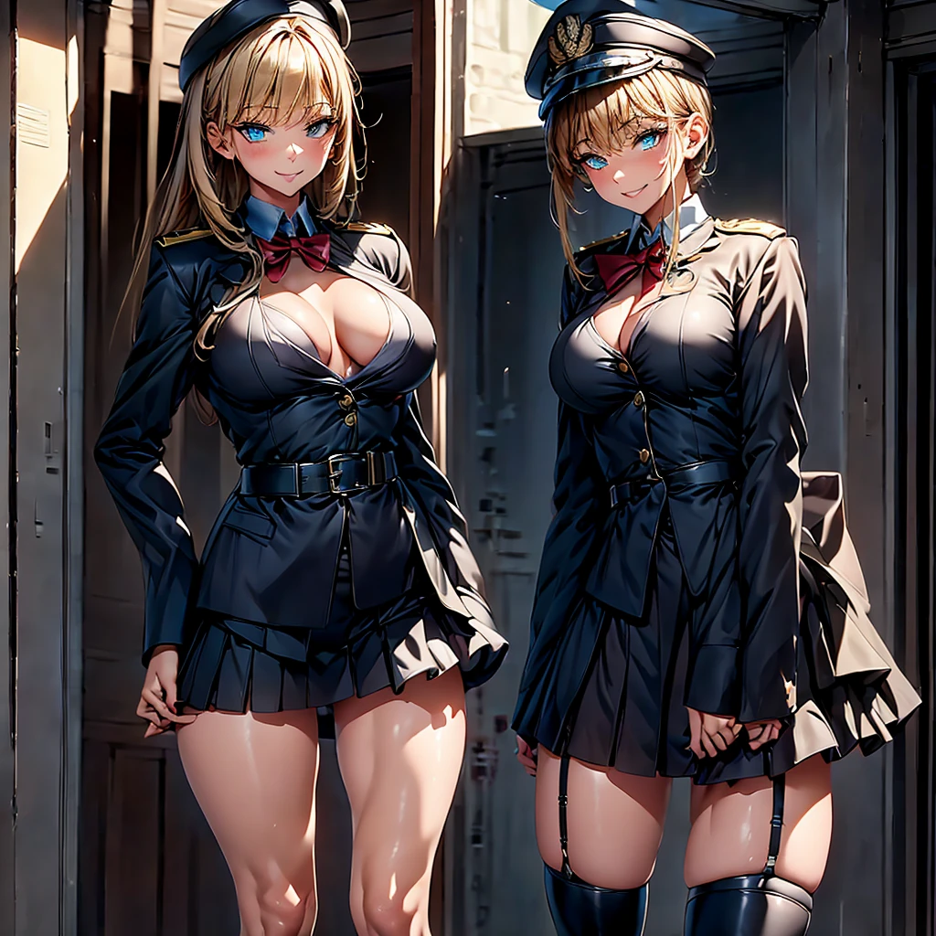 NSFW,masterpiece, Highest quality, One girl,tall,Very long legs, Very thick thighs, blue eyes, Sleepy eyes, Big Tits, Black military uniform,Knee-high boots, Black knee socks, Black garter strap, military cap,Standing posture,Hands on hips, one foot in front,Low - Angle,laugh at,Full Body,Shocked face,laugh at,whip,Head-to-toe display,Very glamorous,