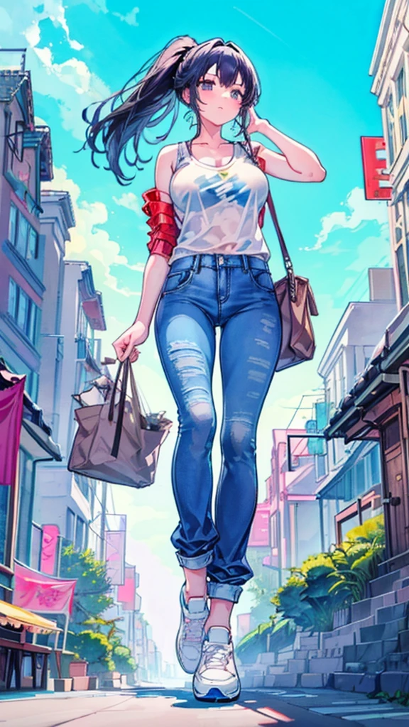 Composition viewed from below masterpiece Unreal Engine Anime Style Delicate painting 4K 90's giant Multiple Girls crowd Metropolis Railway stations line Many trains crowd Crowd of people Giant girl standing in the city valley Denim pants Big Breasts White T-shirt Summer clothes No sleeve Tank top White Bra Her underwear is visible Sweating profusely Private Server sneakers White socks watch Black Hair ponytail smile blue sky cumulonimbus Contrail female giant giant girl Whole body Destroyed skyscrapers Destroyed cars Crowd Unreal Engine,cleavage ,a drawing of a , earrings, long hair, 1980s (style) Cute picture Beauty Analog style whole body sneakers