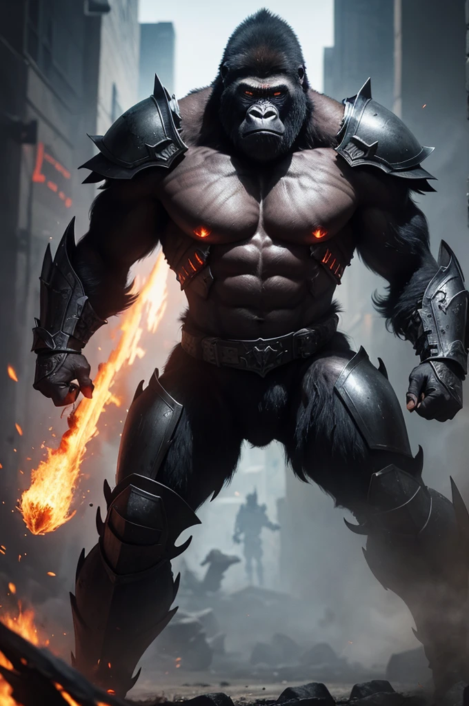 Complete warrior, fierce gorilla in hellfire, with full armor and helmet, with shadow power and hellfire, murderous and strong, very monster