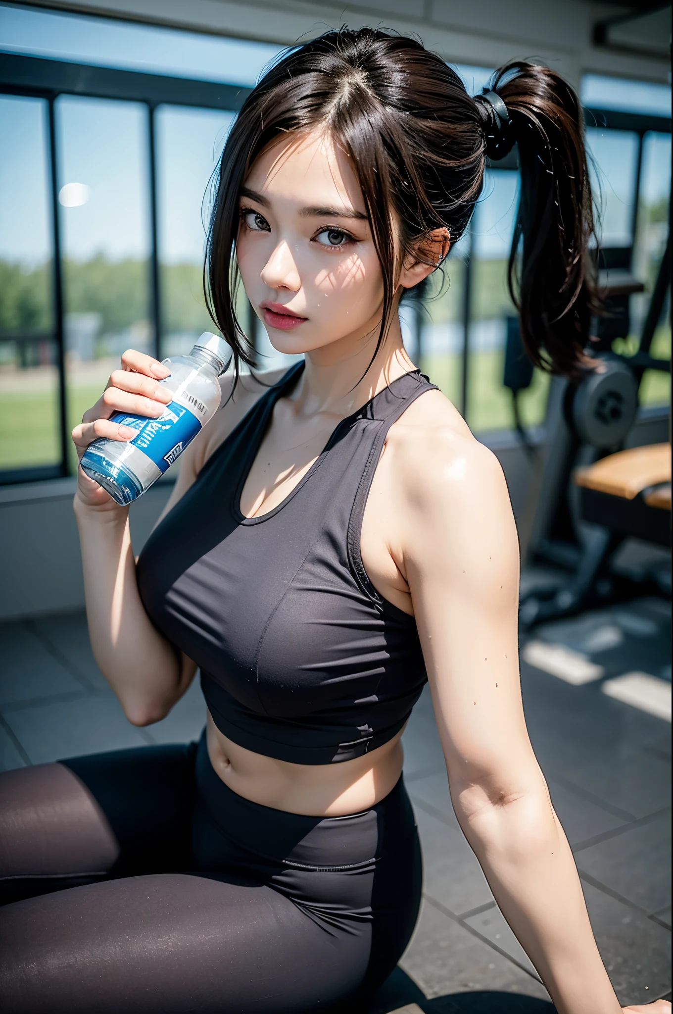 A lady, taiwan girl, Healthy complexion, dark brown hair, High ponytail, beautiful face, beautiful eyes, Healthy body, [[muscle]], Sports vest, sports trousers, in the gym, sports water bottle, serious, train hard, gymnastics, sit_rest, Eevee drawing, (Sweat水), [流Sweat中], [[Sweat_wet]], Depth of Field, Volumetric lights,