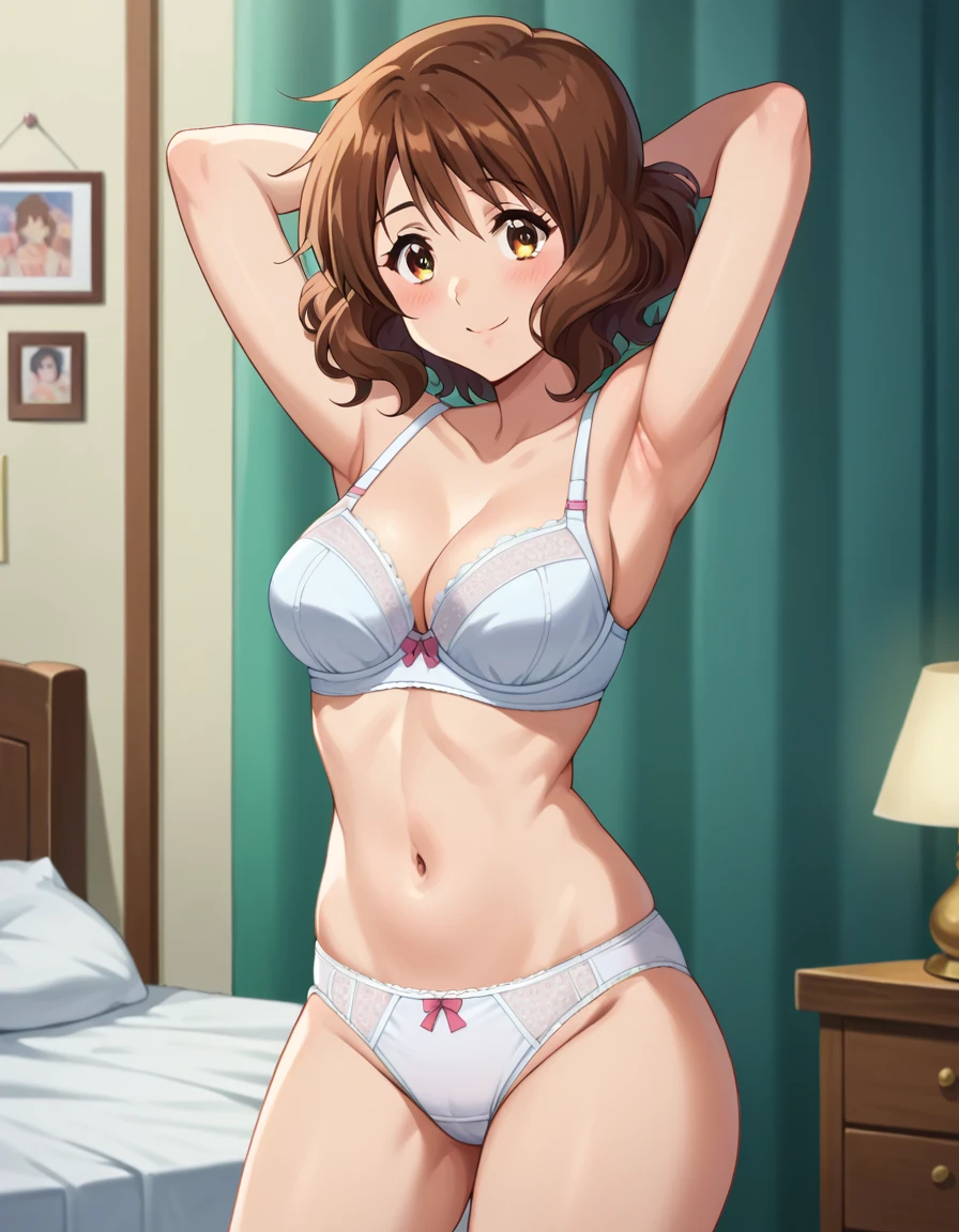 Highest quality, High resolution, masterpiece, (Beautiful Eyes), (Fine grain), Detailed face, kumiko oumae, Brown eyes, Brown Hair, short hair, Wavy Hair, smile, blush, indoor, bedroom, whiteいベッド, Looking back at the audience, (Arms behind head:1.5), (Wide pelvis:1.5), (white_bra:1.5), Upper Body, (white_Panties:1.5), (Thick thighs), nsfw