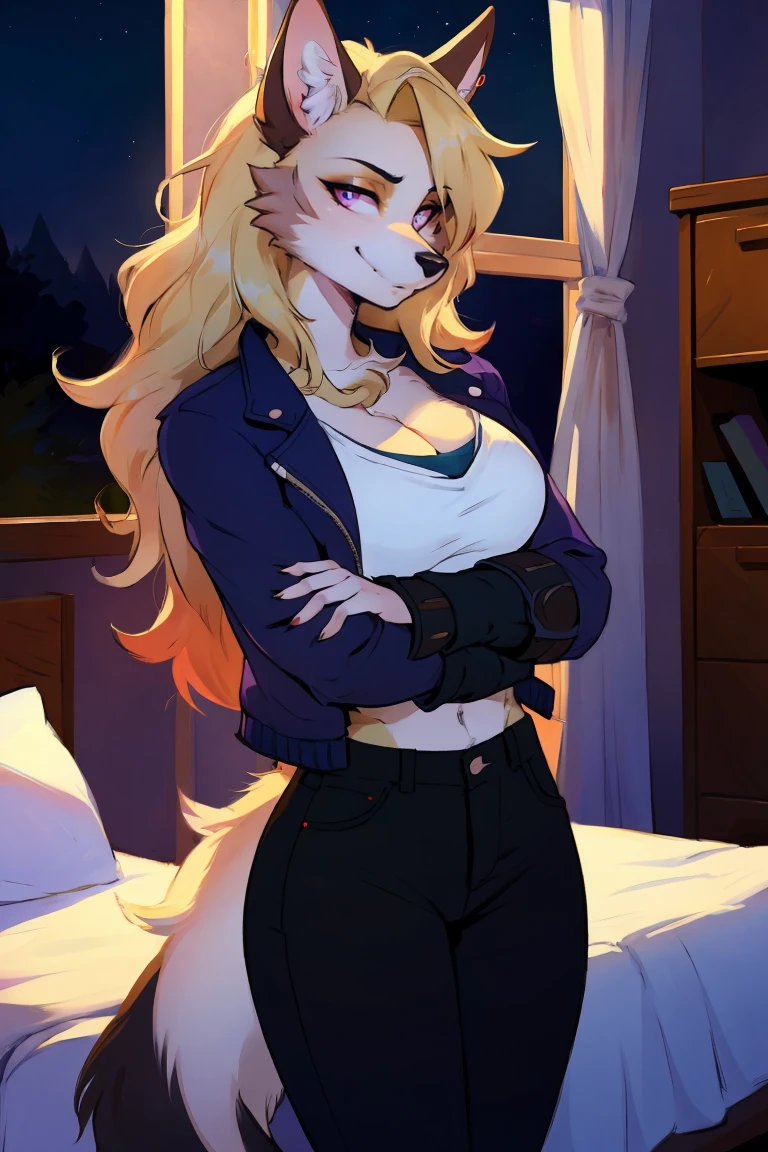 (Wolf_girl:1.2),Beautiful figure,Height 193 cm,Long flowing red hair, close_up,(Fluffy anthropomorphic furry :1.6),curls,fur,Neck hair,Extremely fine fur,aldult, 33 years old, Mature, Solitary, only, Smile, Animal ears,(looking at viewer:1.2)masterpiece, Best Art, Detailed hands, Delicate eyes, night, Anime latest art style, Medium Blonde, Creamy body lotion, Deep purple eyes, permanent, sports, Big body, permanent, bedroom, Bad Guy, Pants, jacket, Steampunk, Ninja Costume, 