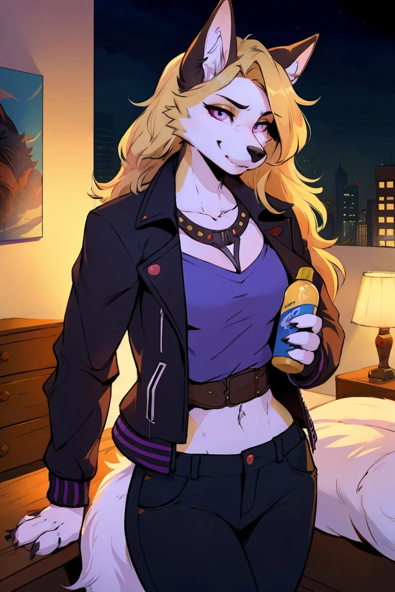 (Wolf_girl:1.2),Beautiful figure,Height 193 cm,Long flowing red hair, close_up,(Fluffy anthropomorphic furry :1.6),curls,fur,Neck hair,Extremely fine fur,aldult, 33 years old, Mature, Solitary, only, Smile, Animal ears,(looking at viewer:1.2)masterpiece, Best Art, Detailed hands, Delicate eyes, night, Anime latest art style, Medium Blonde, Creamy body lotion, Deep purple eyes, permanent, sports, Big body, permanent, bedroom, Bad Guy, Pants, jacket, Steampunk, Ninja Costume, 