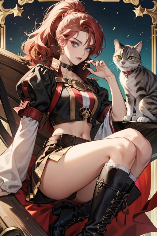 Becky has brown skin, and curly red knee-length hair. She has one visible big blue eye, and red lips. Her eye shadow is light pink. Her accessories consist of a black pirate hate with a white cat skull in the middle, a black eye patch also with a cat skull, and a red bandana.

Her outfit is a black pirate top with gold rope tied in the middle. She wears a white crop under, with puffy sleeves. Becky wears a black and red stripe skirt. Her right leg is a brown wooden peg leg. Her boots are dark brown with dark brown straps that have golden buckles to them. The bottom of her boots are red. SPARKLE; GLITTER