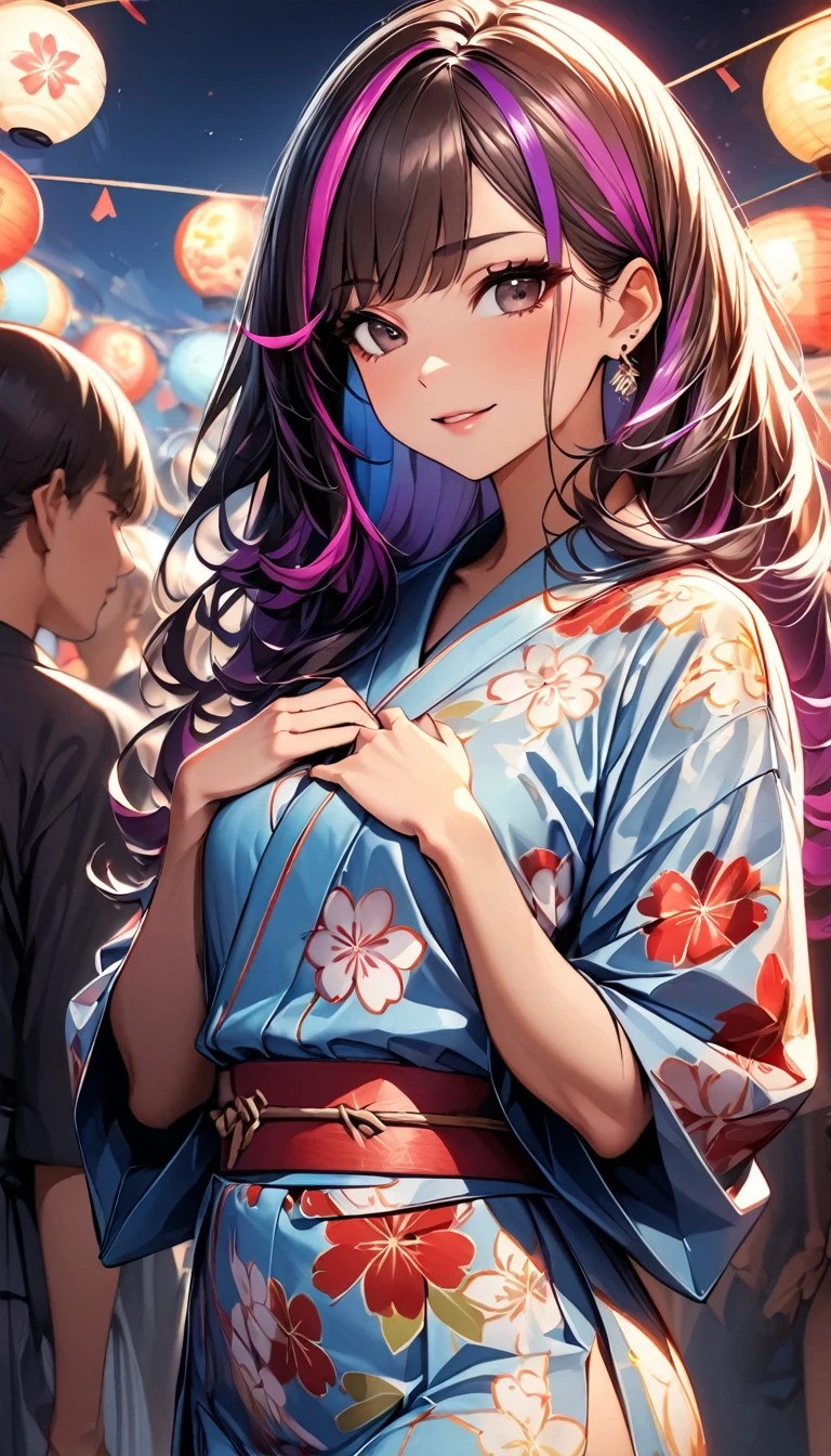 (highest quality:1.2, Very detailed, up to date, Vibrant, Ultra-high resolution, High Contrast, masterpiece:1.2, highest quality, Best aesthetics), Portraiture、girl、((25-years-old:1)), Bright colors、Beautiful fine details、Beautiful lip detail、(japanese traditional yukata:1), colorful floral pattern yukata, long hair、black and purple ((streaked hair:1.6)), highlights hair: 1.5, brown eyes, earrings, ((slim body:1.2)), (small breast:0.7), (dark skin:0.5), hand on own chest, summer festival, bon dancee, Cowboy shot,