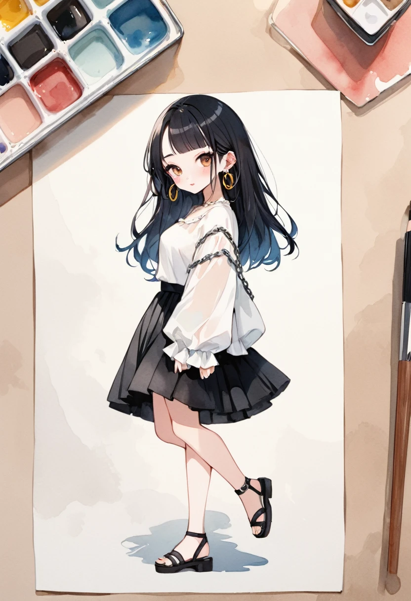 Miniature Painting, watercolor style,  cartoonA woman looking straight ahead,Perfect face, she has black hair with bangs, brown eyes, small freckles on her face, earrings in her ears and a chain on her arm. She is wearing a black skirt and white blouse with ruffles. She has black sandals on her feet. watercolor style, kawaii style. high quality, by Harumi Hironaka