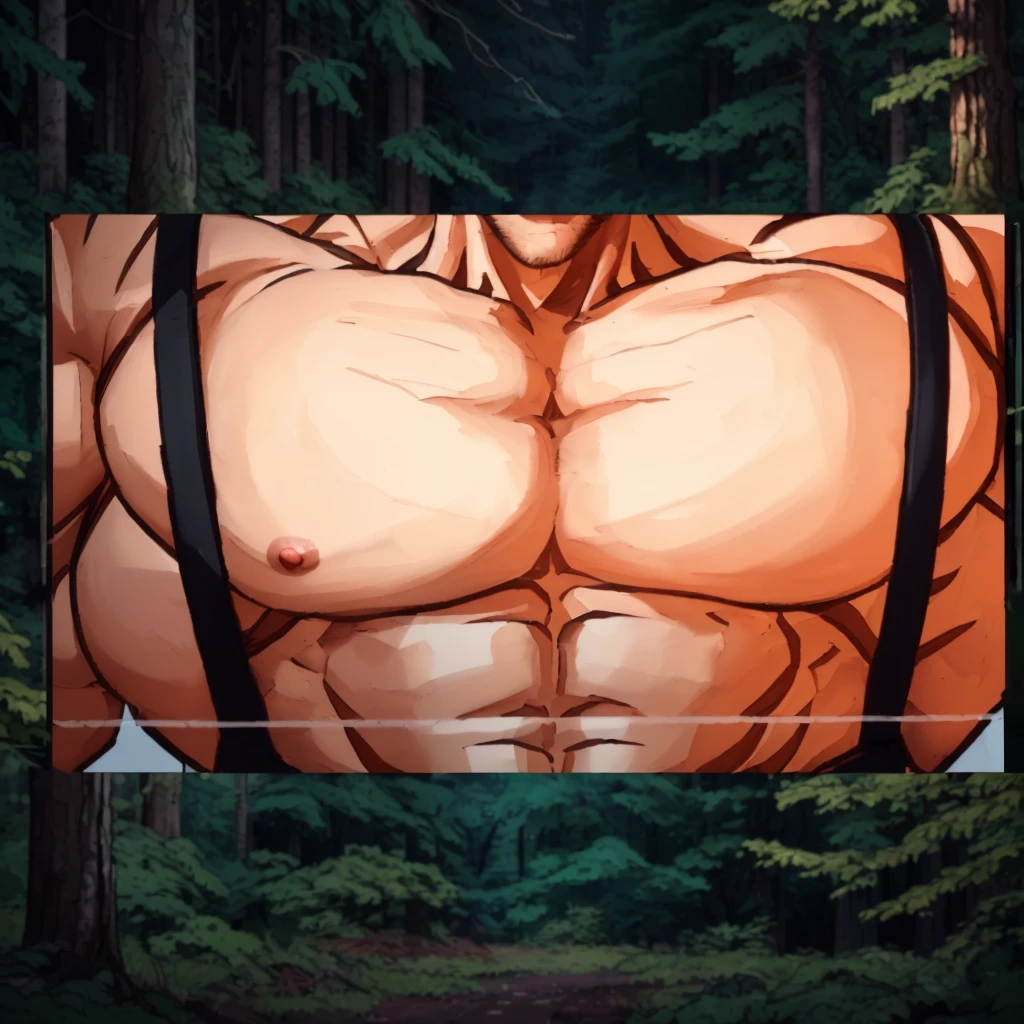 a cartoon of a naked man in the forest, anime lush john 8k forests, in front of a forest background, hairy chest, Forest in the background, muscular gigachad, forest backdrop, (SFW) Insurance for work, fluffy chest, shirtless :: High detail, suede paint, OPPAI, official hdr artwork, forest in the background, behind a forest