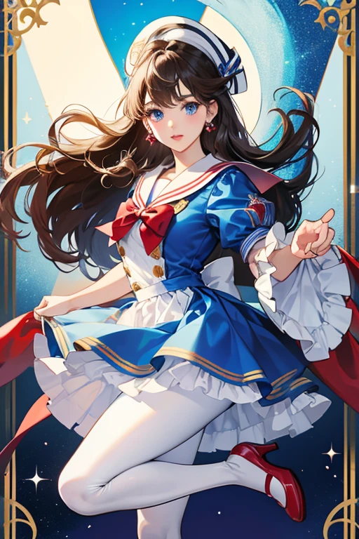 Sailor has fair skin, and curly brown knee length hair. she has big blue eyes, and bright red lips. Her accessories consist of a white captain hat.

Her outfit is a white sailor dress with a blue bow in the middle. She has two short puffy sleeves with blue stripes towards the ends of them. In the middle of her dress is a blue ribbon. On the end of her dress is blue ruffles. She wears white leggings under her dress. Her shiny blue heels have red bows on them, and golden borders around the shoe. SPARKLE; GLITTER