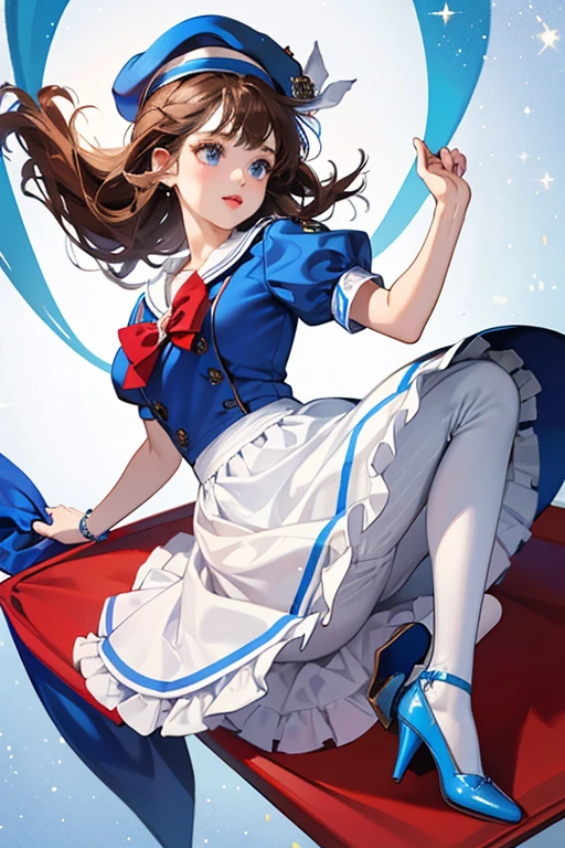 Sailor has fair skin, and curly brown knee length hair. she has big blue eyes, and bright red lips. Her accessories consist of a white captain hat.
Her outfit is a white sailor dress with a blue bow in the middle. She has two short puffy sleeves with blue stripes towards the ends of them. In the middle of her dress is a blue ribbon. On the end of her dress is blue ruffles. She wears white leggings under her dress. Her shiny blue heels have red bows on them, and golden borders around the shoe. SPARKLE; GLITTER