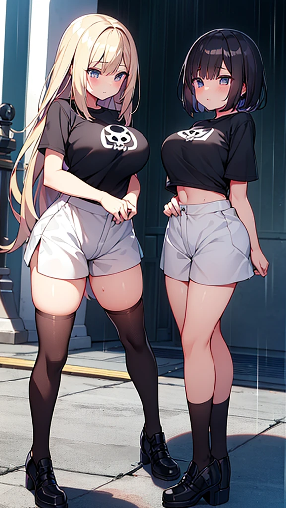 sensual, ((twins、two women))、long blonde hair, thick thighs, 8K, 4K, highest quality, High resolution:1.2), cute anime face, noise reduction, shining blue eyes, gentle smile, Gentle eyes、wearing a headband, naked, White bodysuit、toned abdominal muscles, muscular arms, muscular legs, (((exposed nipples))). , young face, anime chic eyes,  Lock,,O-ring,elbow bag,collar,cuffs ,thigh strap,thigh boots, Harness、全身Harness、garter belt、(((Rear view、emphasize the buttocks、T-back that digs into your butt)))、(((big breasts、Breasts that are about to burst)))