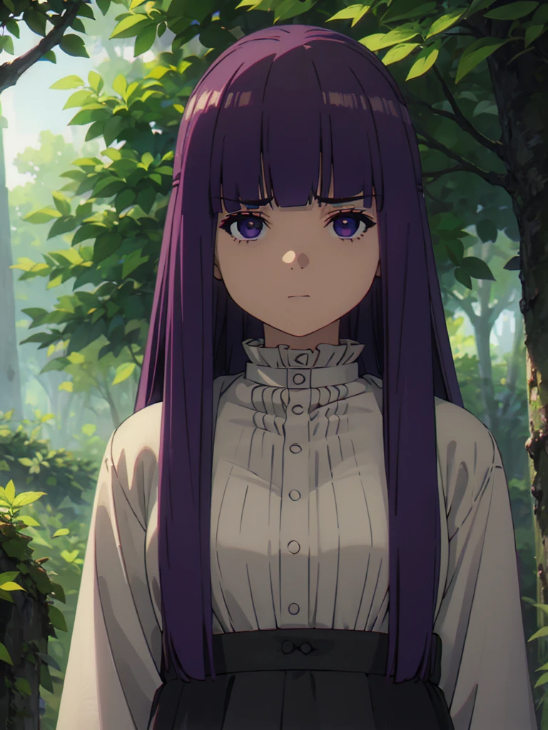 1girl,fern,fern_clothes,glare,upper_body,(looking at viewer:1.1),half-closed eyes,shaded face,angry,closed_mouth,outdoors,despise, (masterpiece:1.0),(best_quality:1.0), ultra high res,4K,ultra-detailed, photography, 8K, HDR, highres