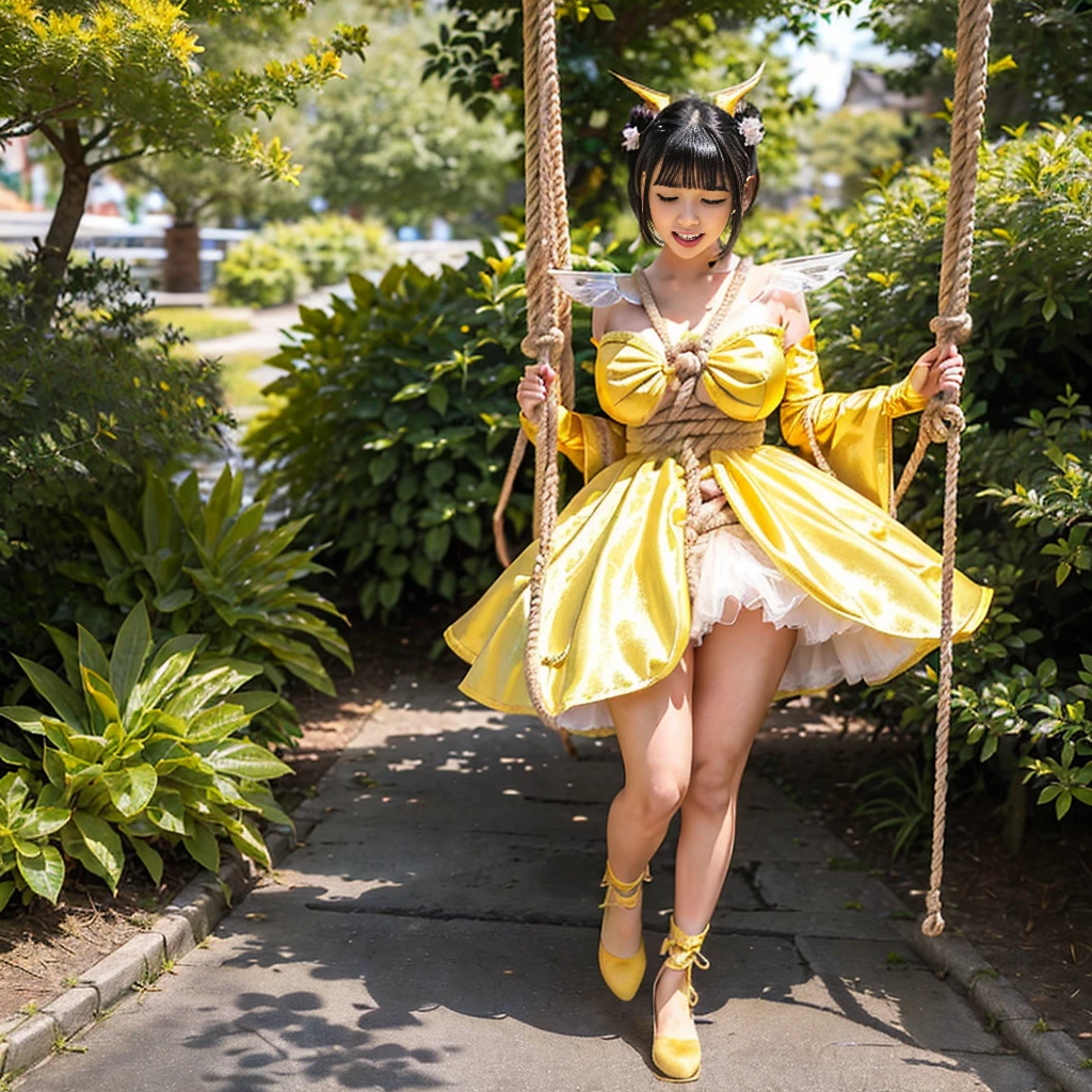 high quality, masterpiece, Very detailed, 8k, A beautiful Japanese girl:1.5, Small face, Black short hair, blunt bangs, bunches, Breast Augmentation Surgery, (A gorgeous yellow magical girl heroine costume:1.5), (Woman tied with rope and hung:1.3), remote_play, remote_Vibrate、 (climax:1.3), Close ~ eyes、 Stick your tongue out、 Open your mouth and show me your throat、 height:149cm